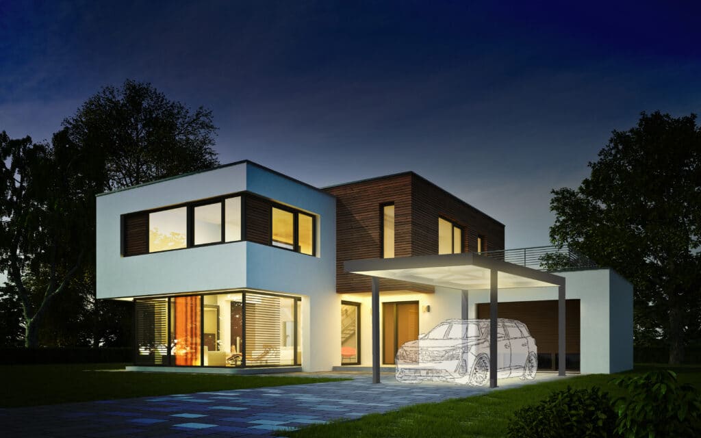 Maison contemporaine à deux étages avec façade bois et blanc, éclairée au crépuscule avec abri voiture.