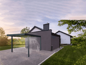 Abri voiture moderne gris foncé accolé à une maison contemporaine, avec l'esquisse d'un SUV blanc sur l'allée pavée au coucher du soleil.