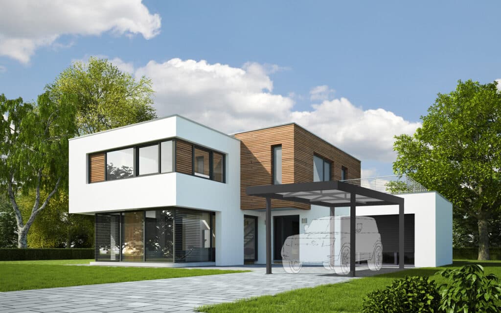 Villa moderne blanche et bois avec carport gris montrant un croquis de voiture, entourée d'arbres verts et d'un ciel bleu nuageux.